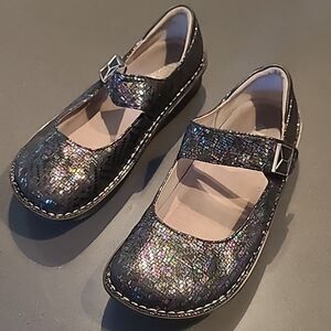 Alegria Black and Metallic Purple Leather Shoes